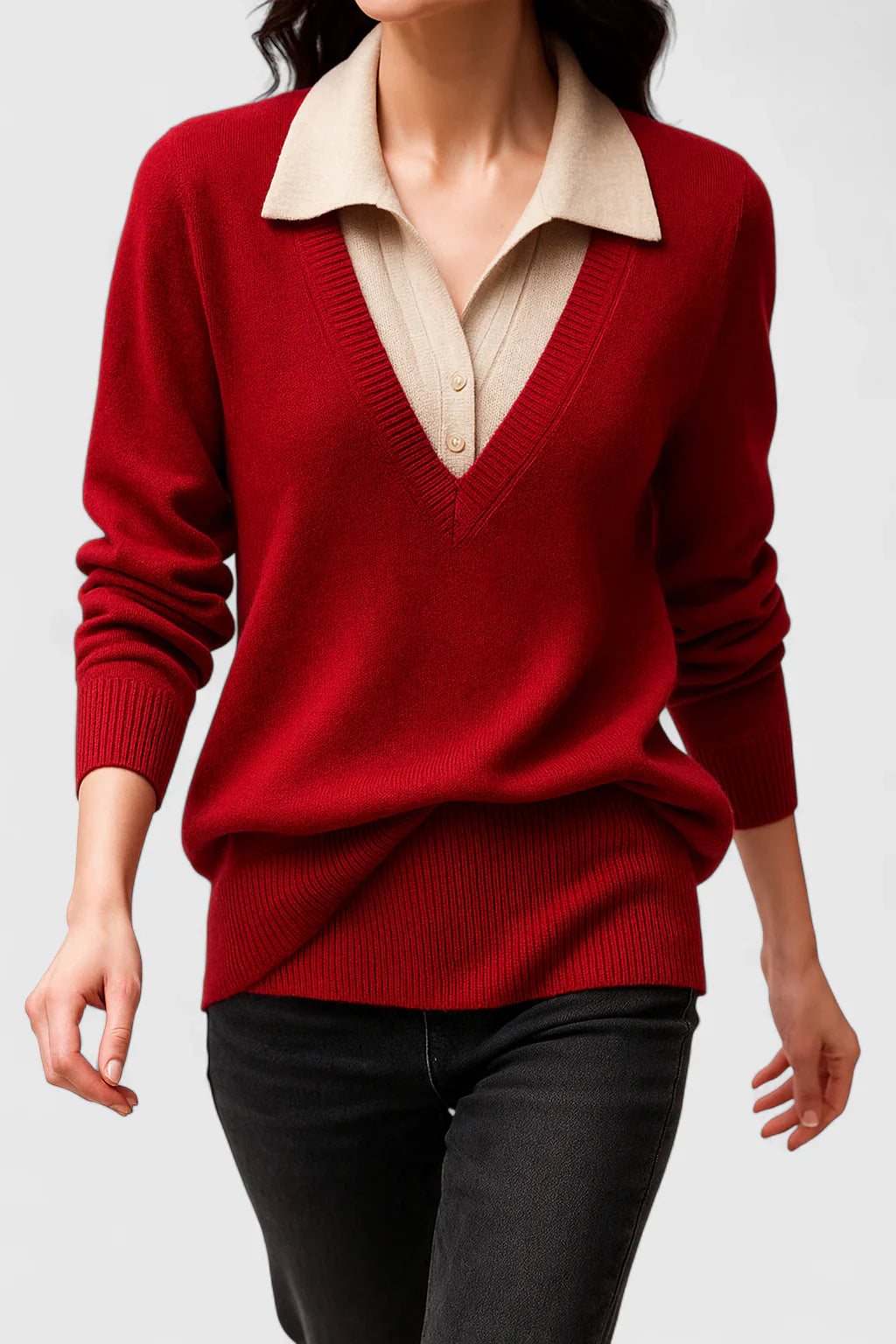 Ramona | Collared V-Neck Pullover Sweater with Buttoned Cuffs