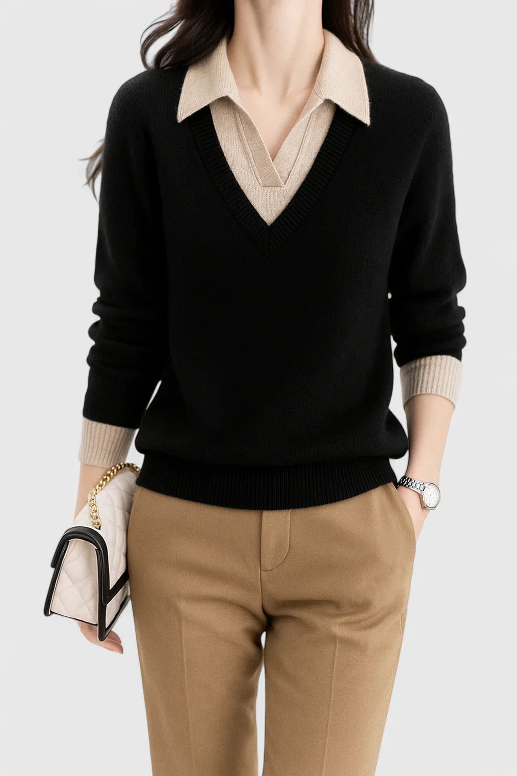 Ramona | Collared V-Neck Pullover Sweater with Buttoned Cuffs