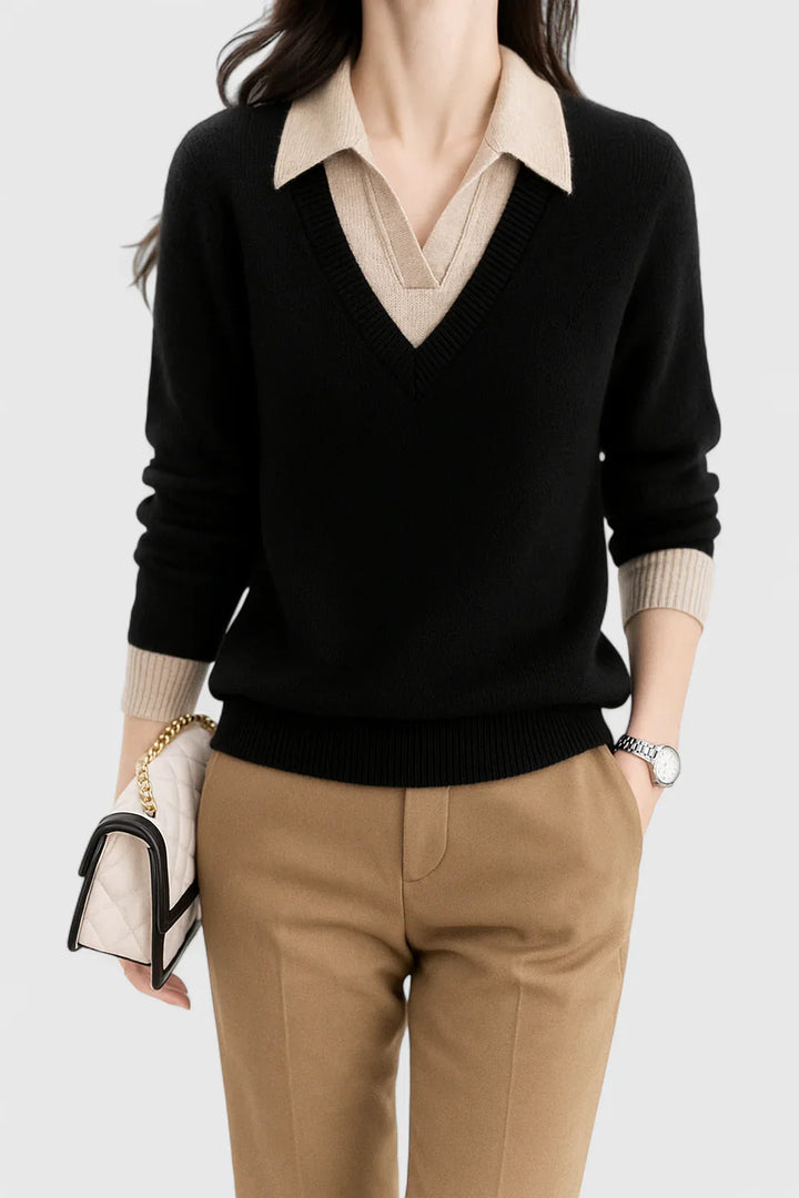 Ramona | Collared V-Neck Pullover Sweater with Buttoned Cuffs