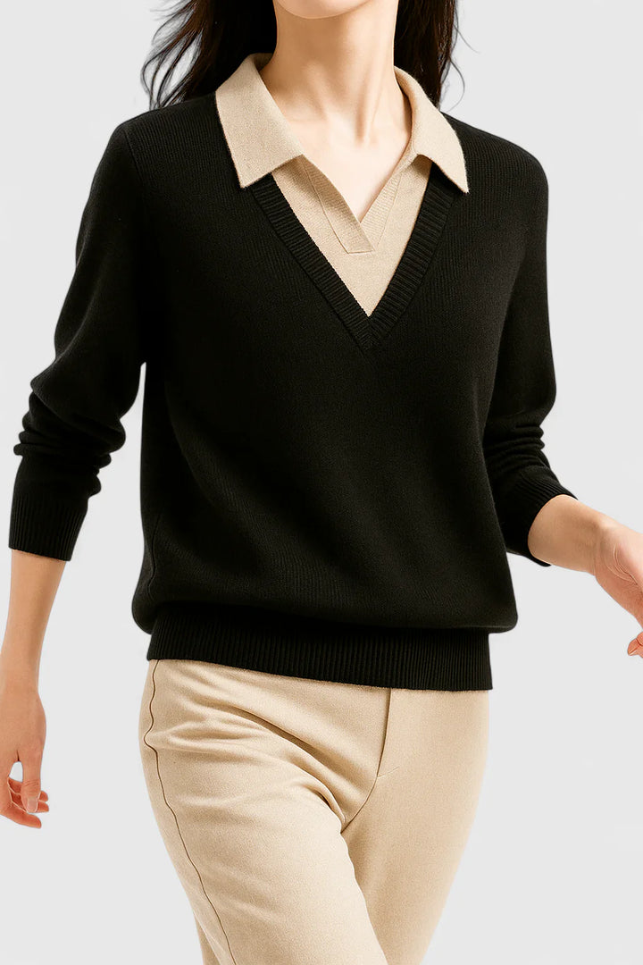 Ramona | Collared V-Neck Pullover Sweater with Buttoned Cuffs