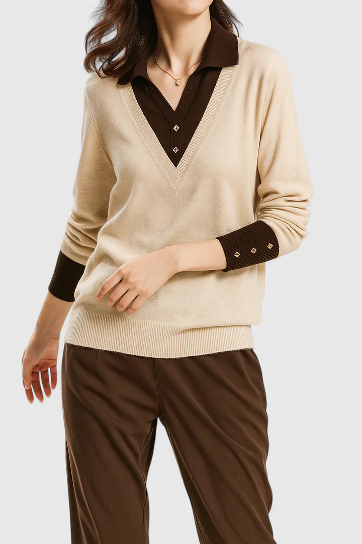 Ramona | Collared V-Neck Pullover Sweater with Buttoned Cuffs