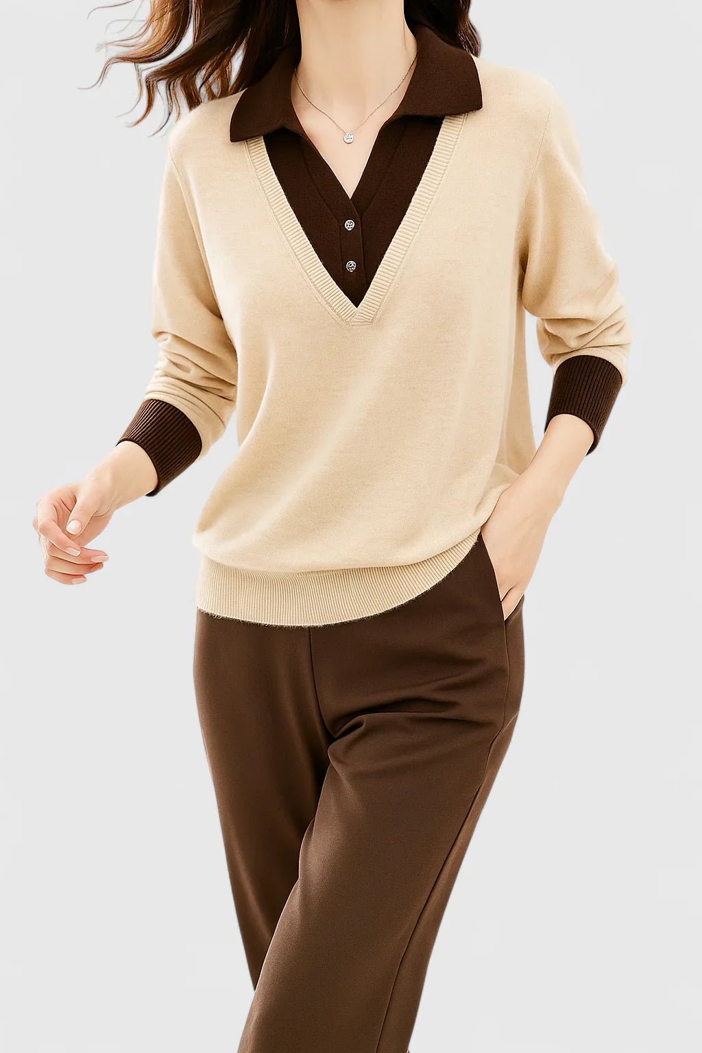 Ramona | Collared V-Neck Pullover Sweater with Buttoned Cuffs