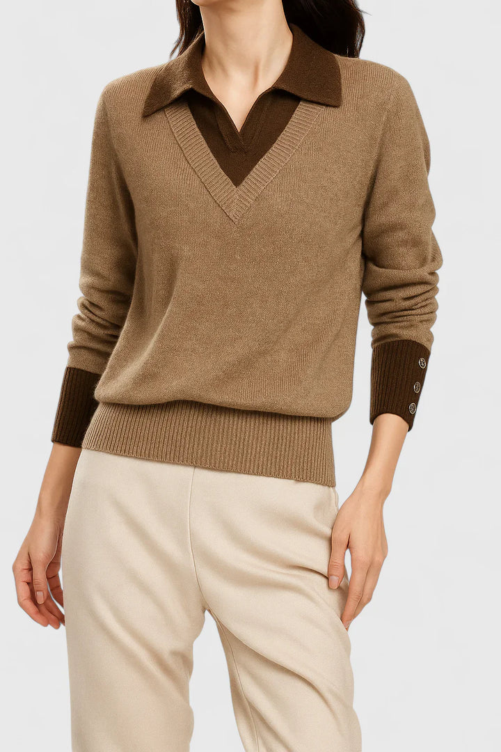 Ramona | Collared V-Neck Pullover Sweater with Buttoned Cuffs