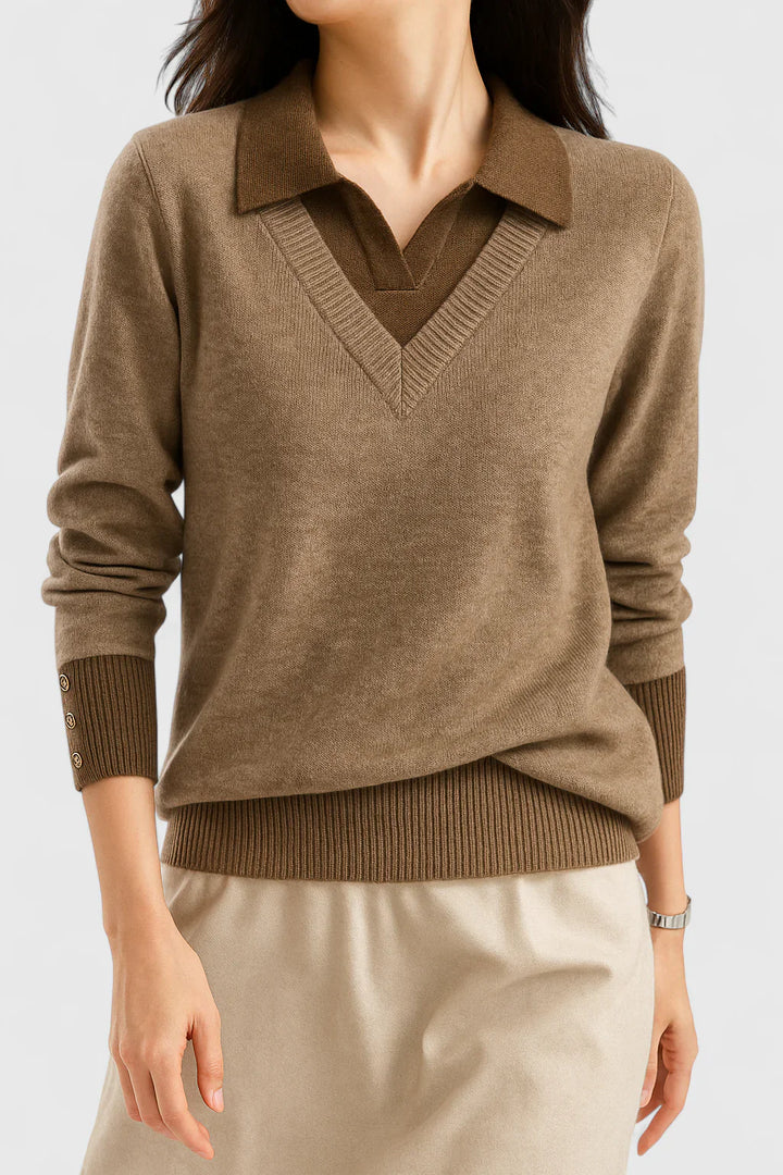 Ramona | Collared V-Neck Pullover Sweater with Buttoned Cuffs