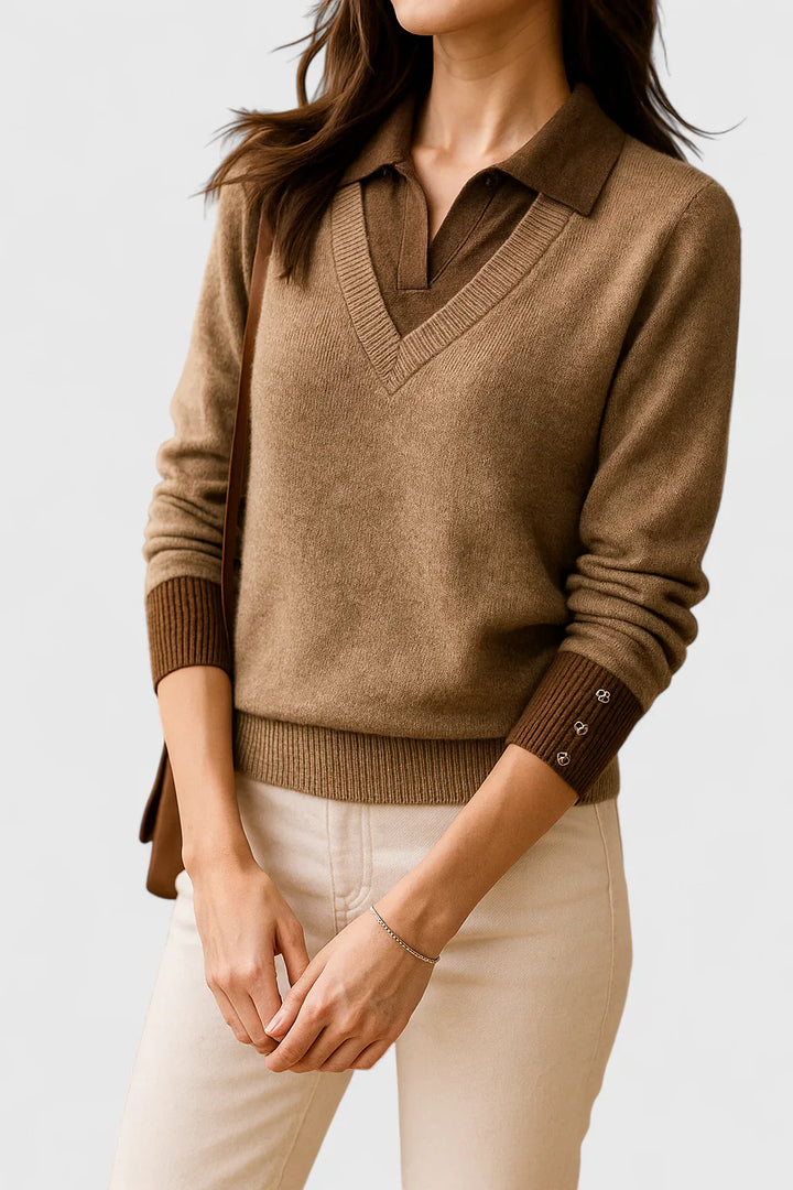 Ramona | Collared V-Neck Pullover Sweater with Buttoned Cuffs