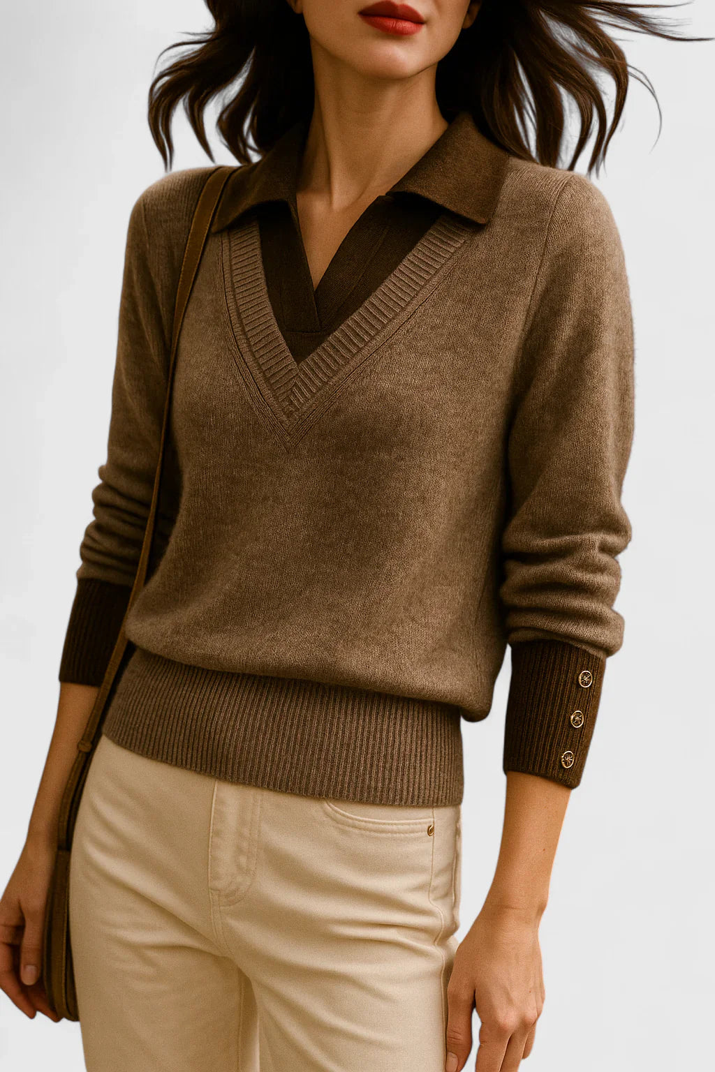 Ramona | Collared V-Neck Pullover Sweater with Buttoned Cuffs
