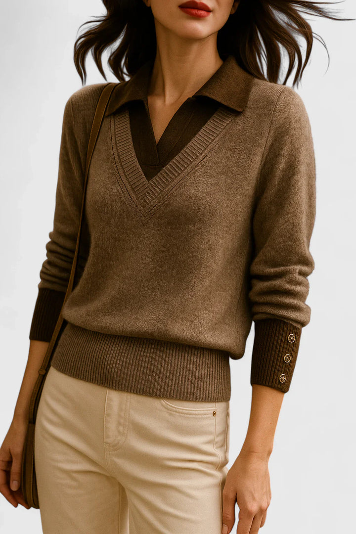 Ramona | Collared V-Neck Pullover Sweater with Buttoned Cuffs