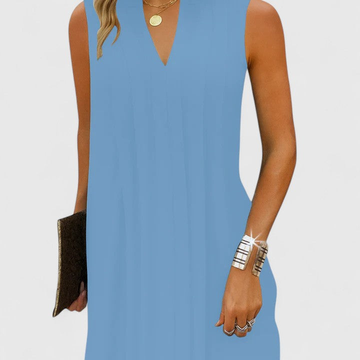 Mahala | Pleated V-Neck Sleeveless Shift Mini Dress