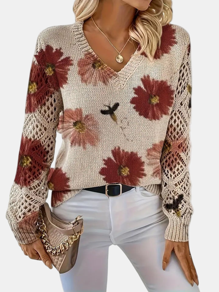 Latifa | Casual Floral V-Neck Crochet Sleeve Sweater