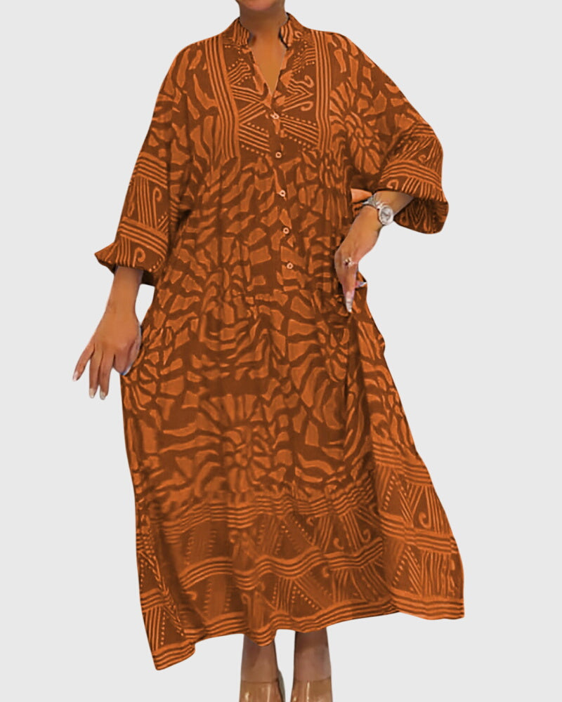 Cordeliaella | Printed V-Neck Maxi Dress with Sleeves