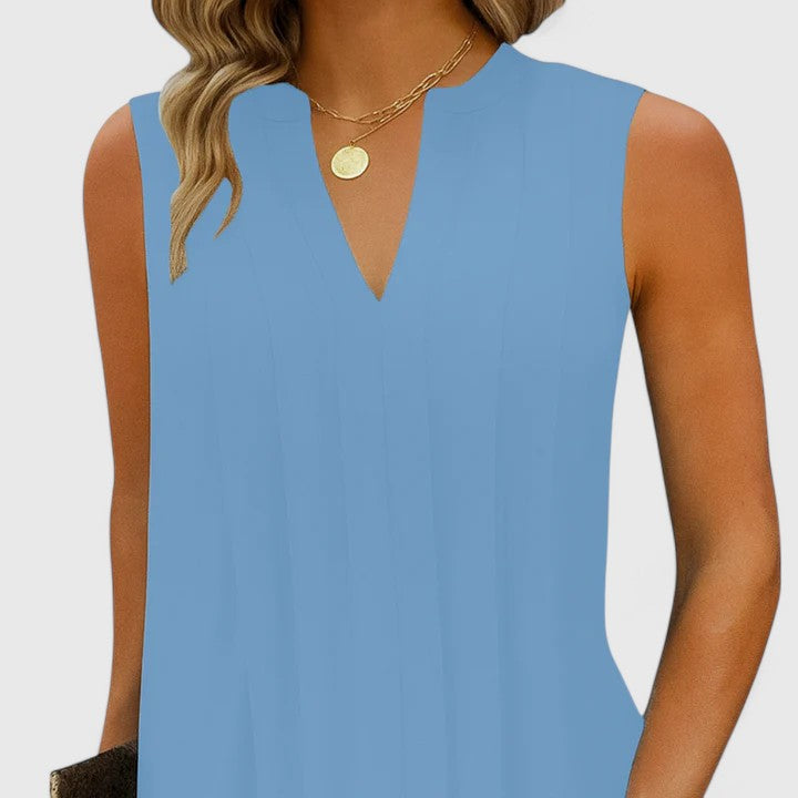 Mahala | Pleated V-Neck Sleeveless Shift Mini Dress