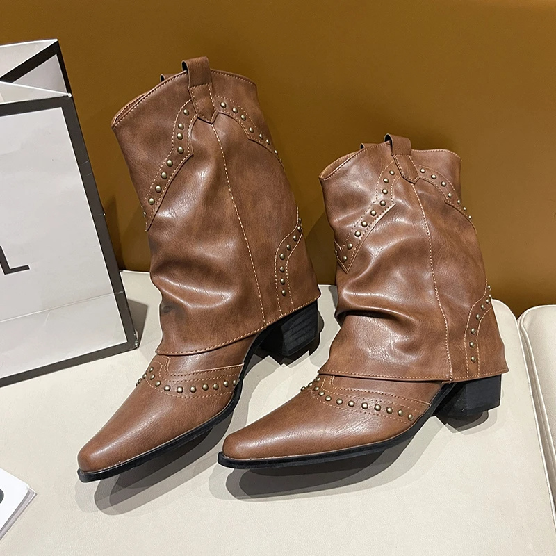 Nives | Slouch Western Boots with Studs