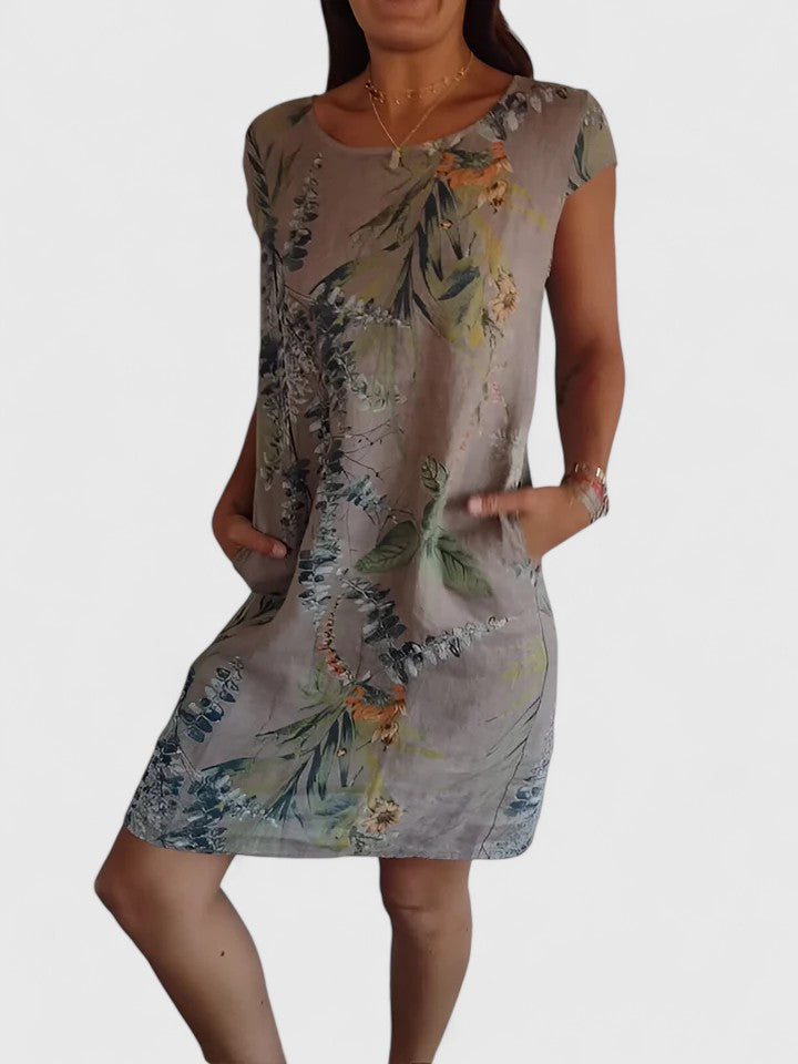 Marisette | Floral Linen Dress with Cap Sleeves