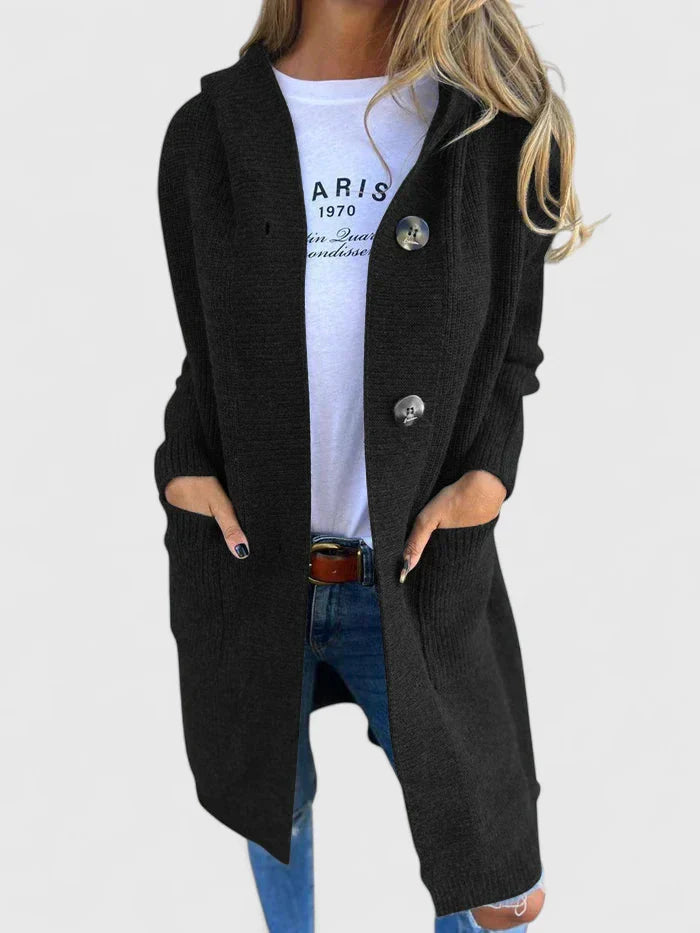 Thora | Long Hooded Solid Knit Cardigan with Buttons