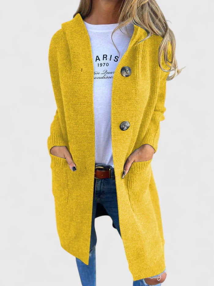 Thora | Long Hooded Solid Knit Cardigan with Buttons