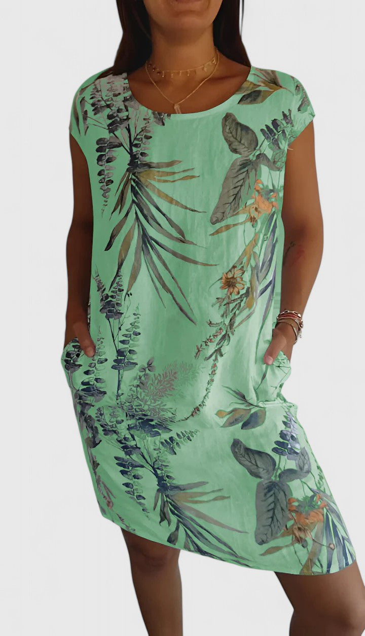 Marisette | Floral Linen Dress with Cap Sleeves