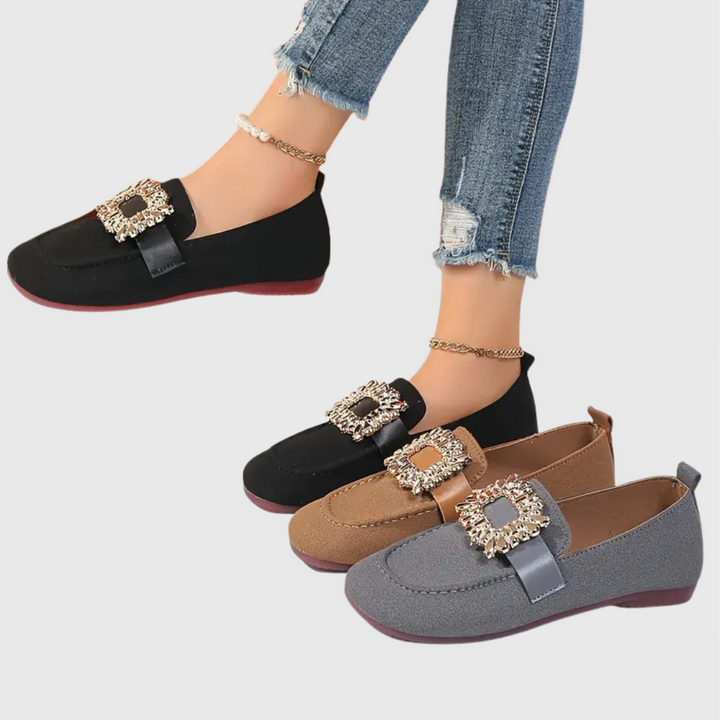Caitlyn | Embellished Buckle Flats with Square Toe