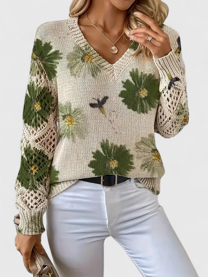 Maren | Floral V-Neck Sweater with Crochet Sleeves