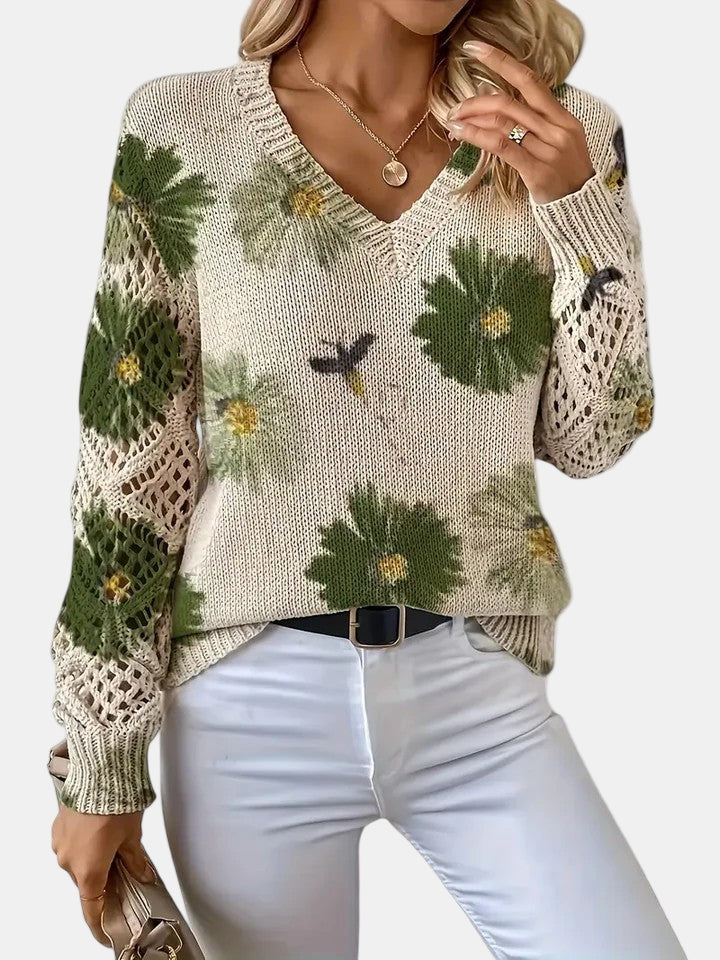 Latifa | Casual Floral V-Neck Crochet Sleeve Sweater