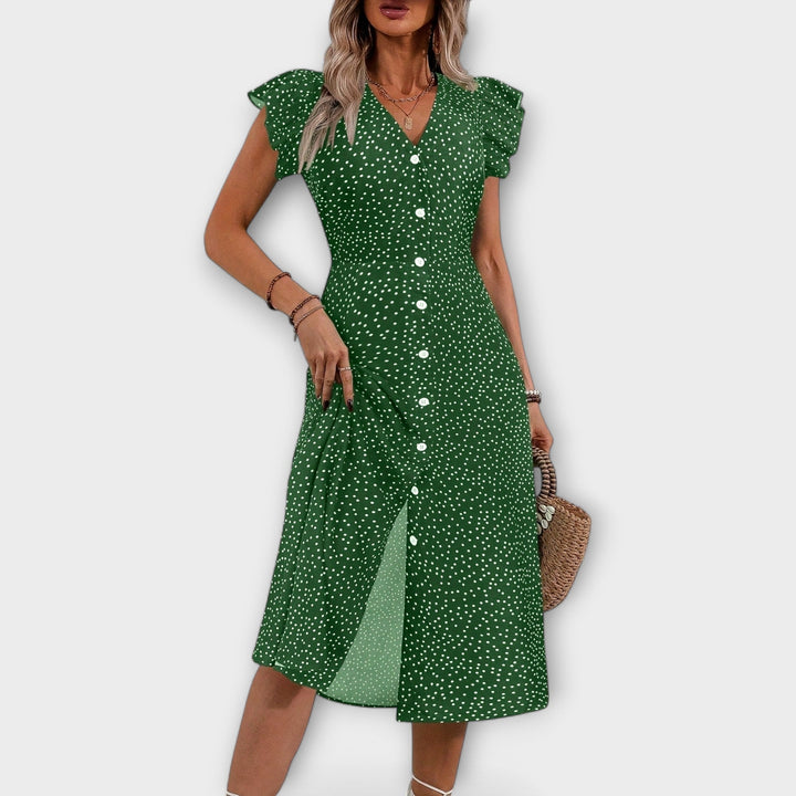 Mira | Polka Dot Midi Dress with Ruffle Sleeves