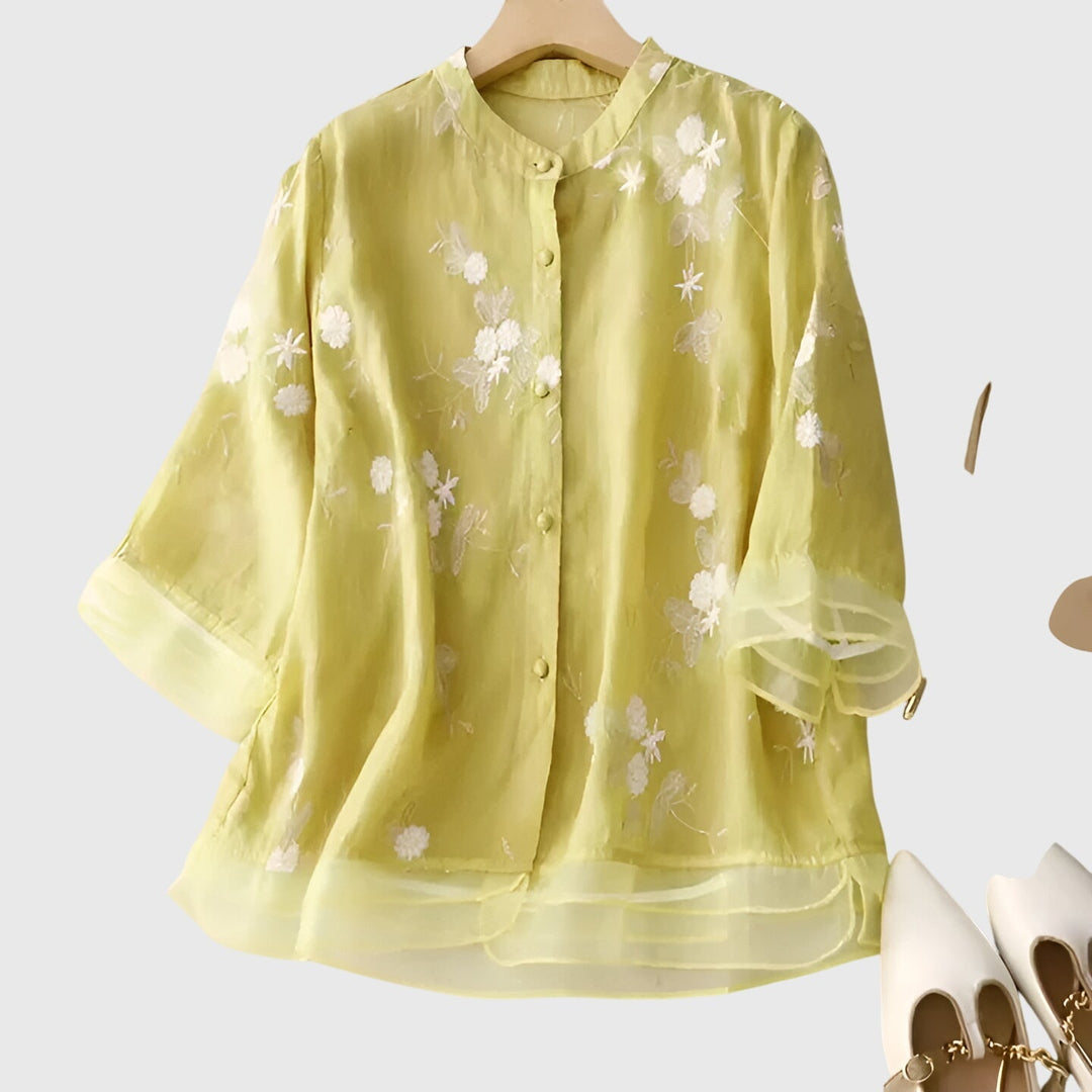 Jeannette | Embroidered Floral Blouse with 3/4 Sleeves