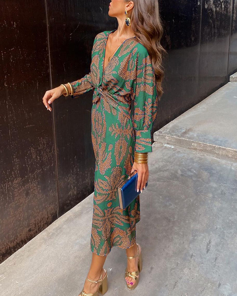 Freja | Printed Twist-Front Midi Dress Long Sleeves