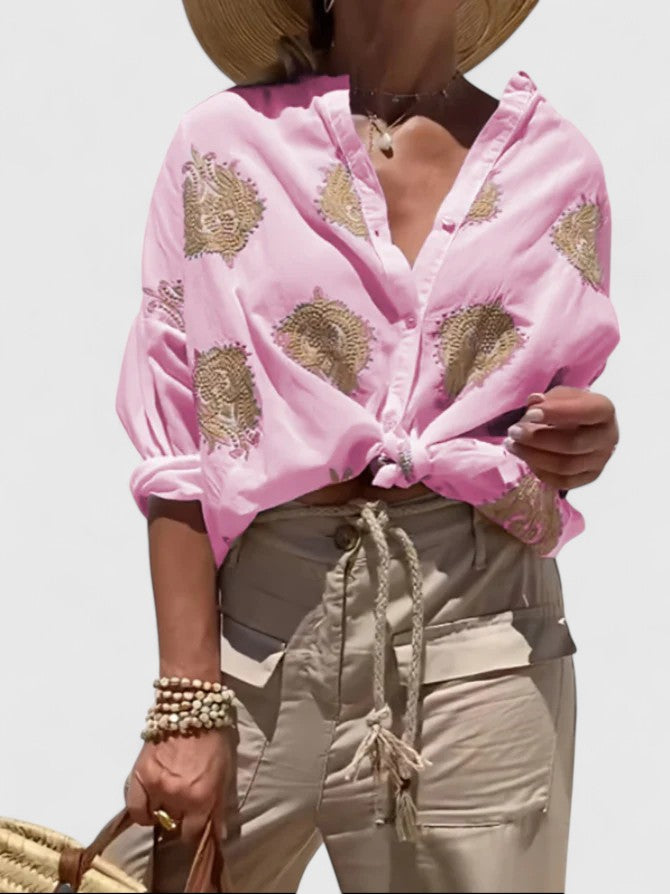 Drusilla | Embroidered V-Neck Button-Up Blouse