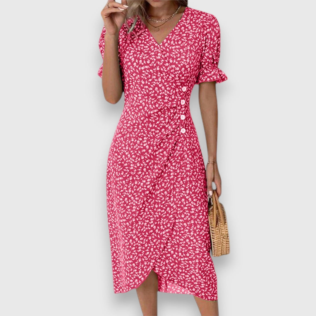 Evangeline | Floral Midi Dress with Ruffle Sleeves