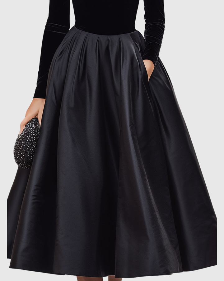 Hadassah | Black Velvet Satin Midi Dress Turtleneck
