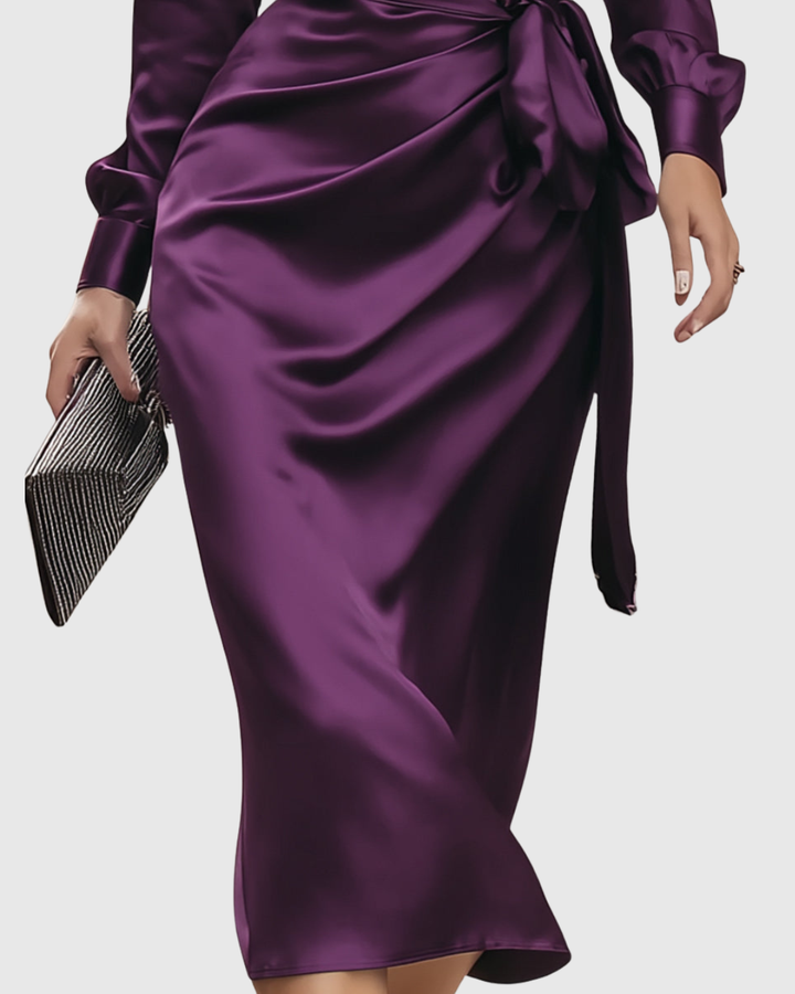 Elodora | Purple Satin Wrap Midi Dress V-Neck