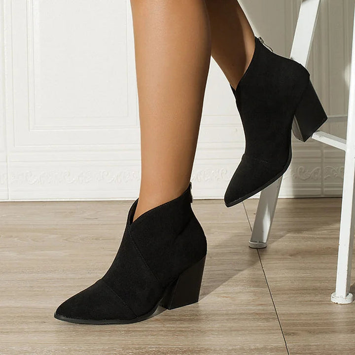 Roxana | Black Pointed Toe Ankle Boots with Block Heel