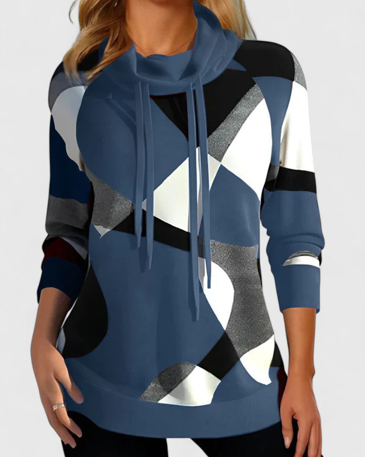 Clare | Geometric Print Mock Neck Sweater with Drawstring