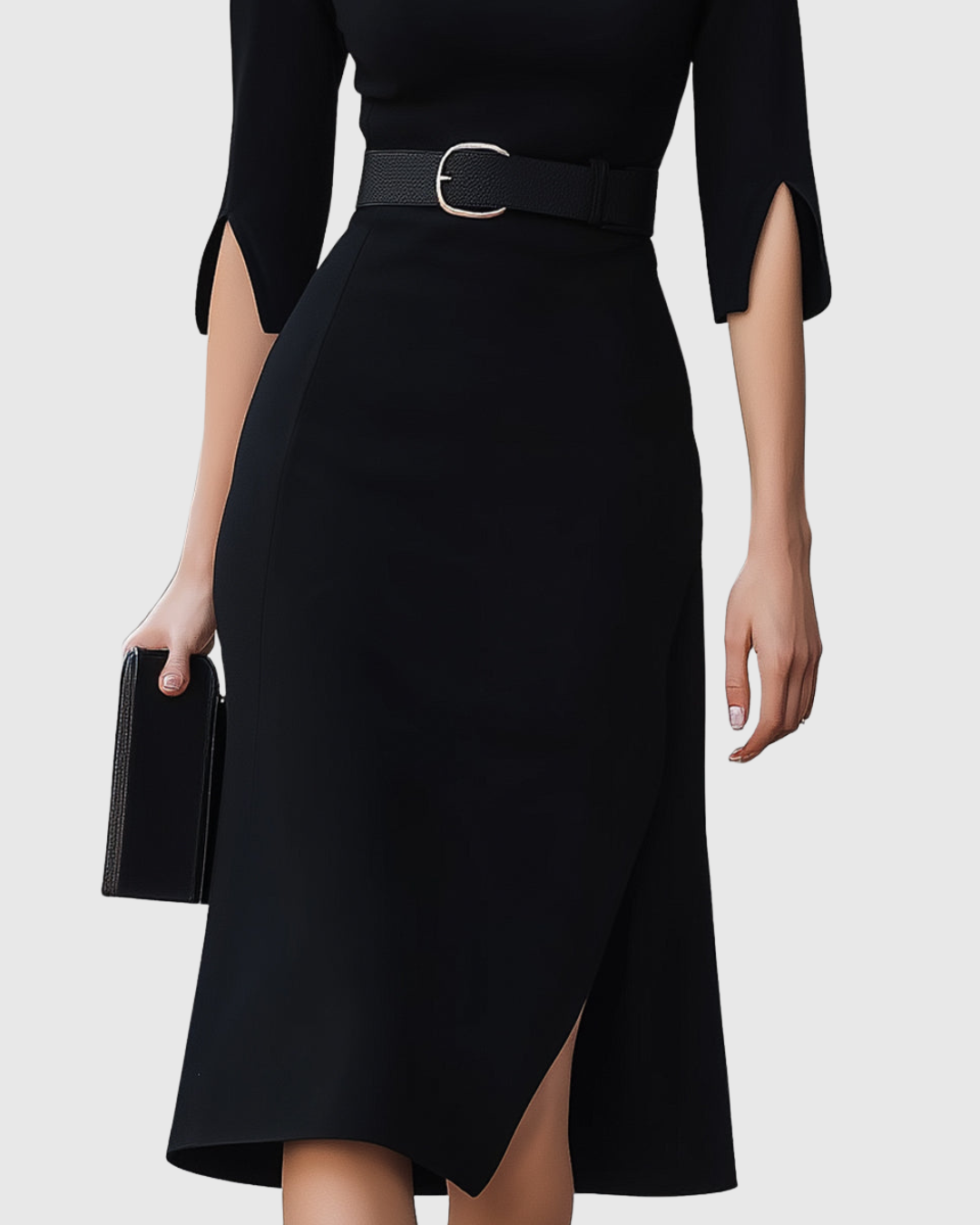 Delphina | Black Belted Midi Dress Three-Quarter Sleeves