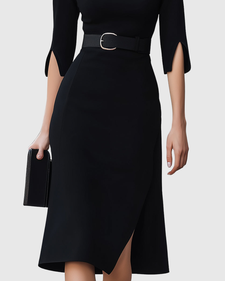 Delphina | Black Belted Midi Dress Three-Quarter Sleeves