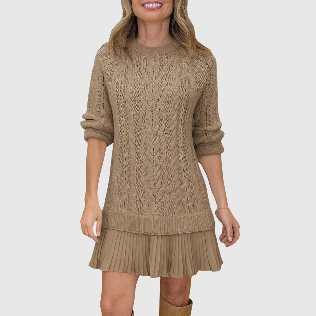 Hilde | Cable Knit Sweater Dress with Pleated Hem