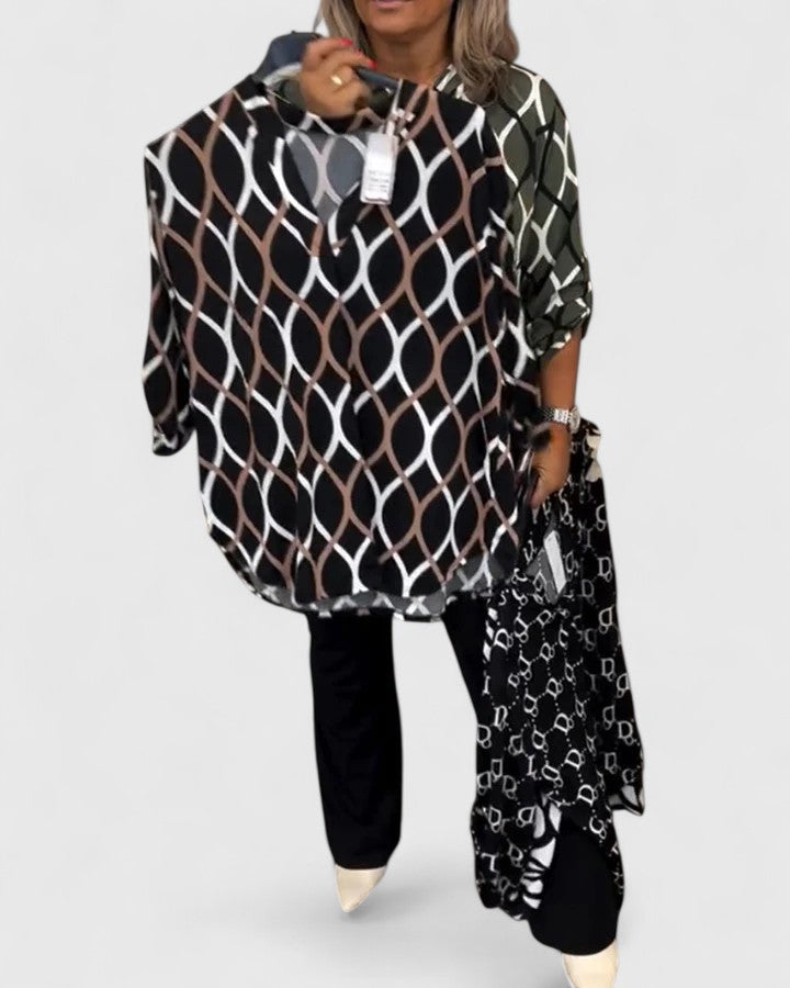 Essie | Geometric Print Long Sleeve Blouse with V-Neck