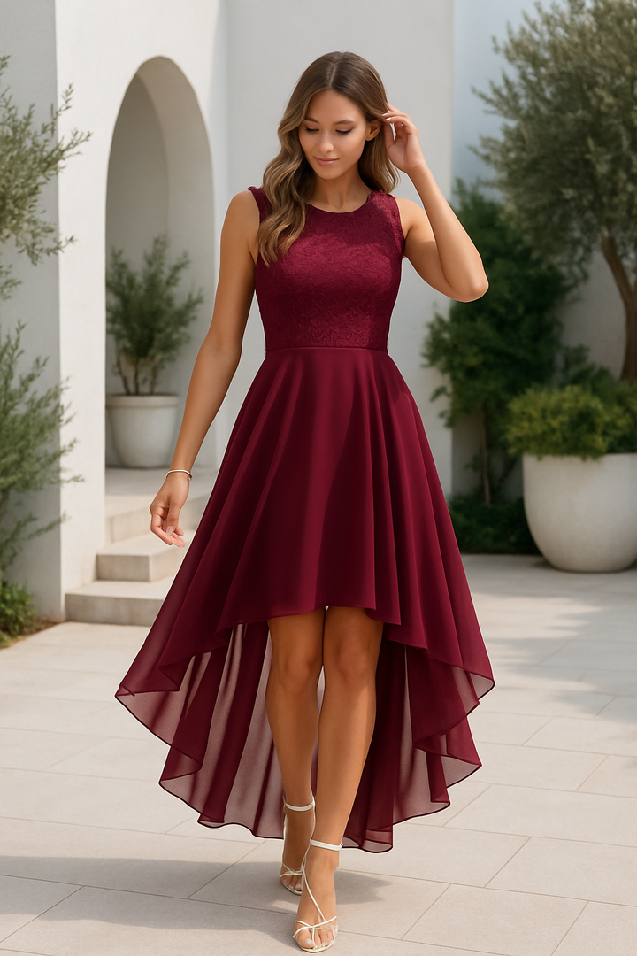 Margaux-Rose | Lace Bodice High Low Chiffon Dress