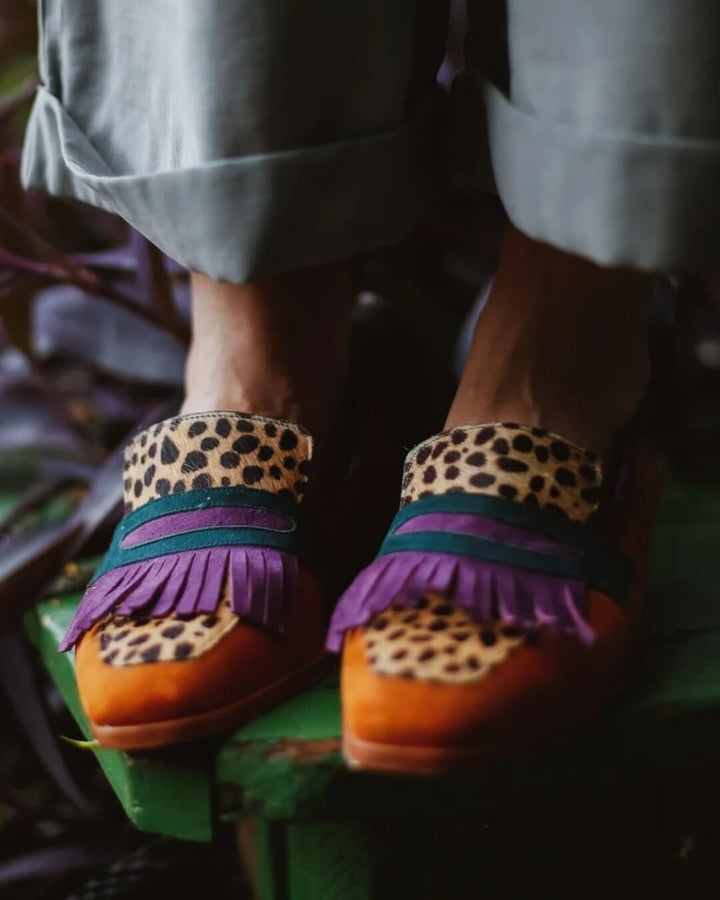 Agata | Leopard Print Fringe Mules with Suede Trim