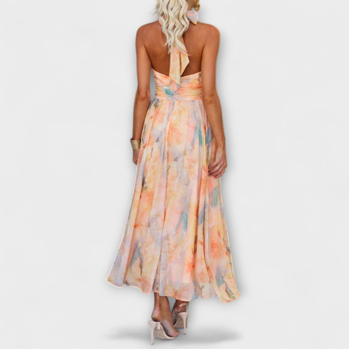 Tabitha | Peach Floral Halter Neck Maxi Dress