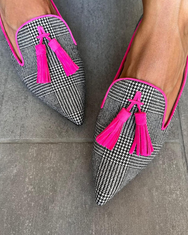 Aislinn | Houndstooth Pointed-Toe Flats with Pink Tassels