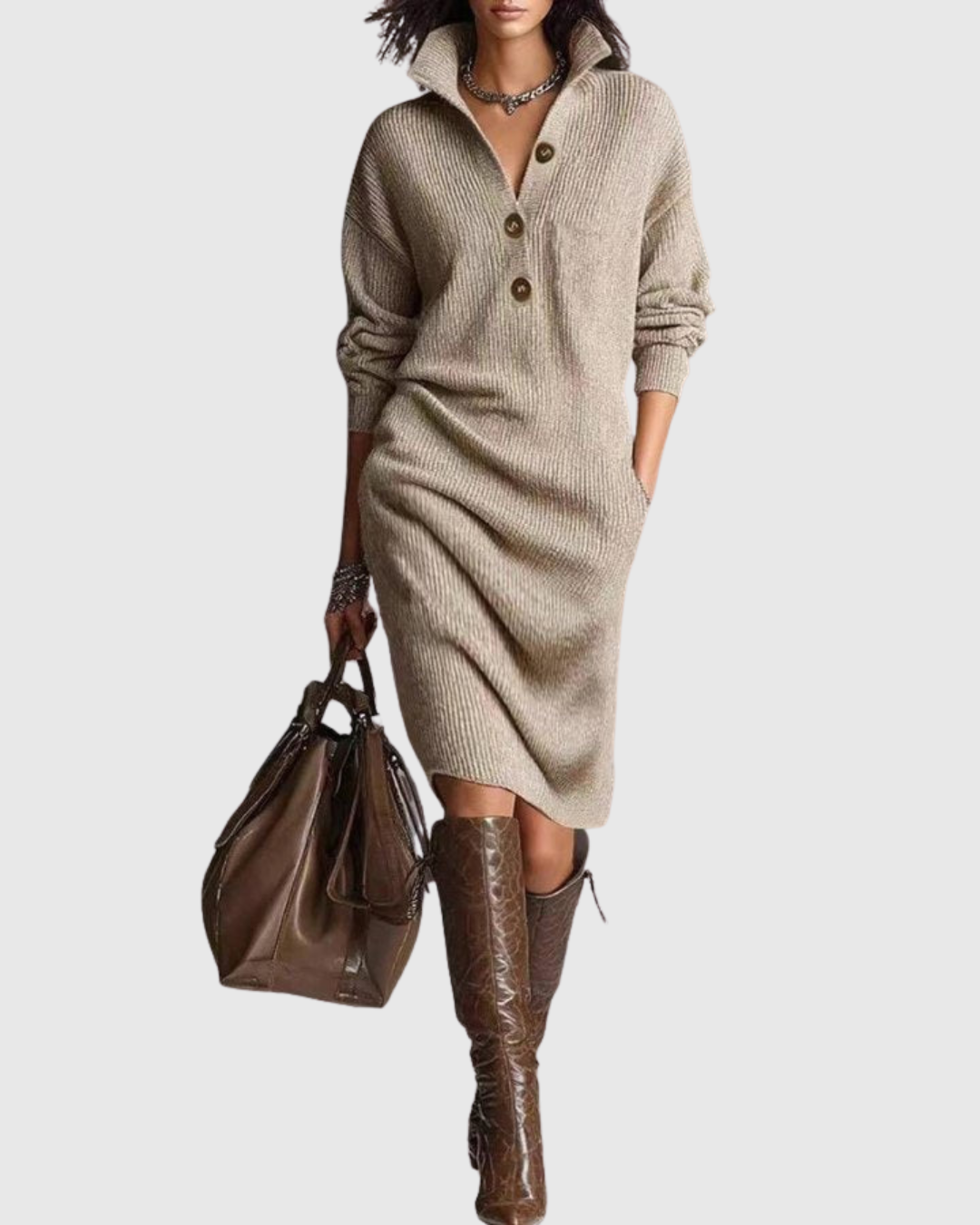 Idalia | Knit Midi Dress with Buttoned Henley