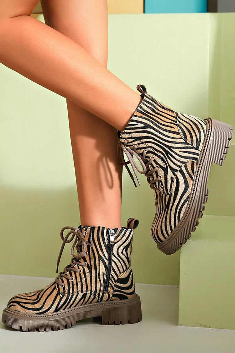 Larisa | Brown Zebra Print Lace-Up Boots