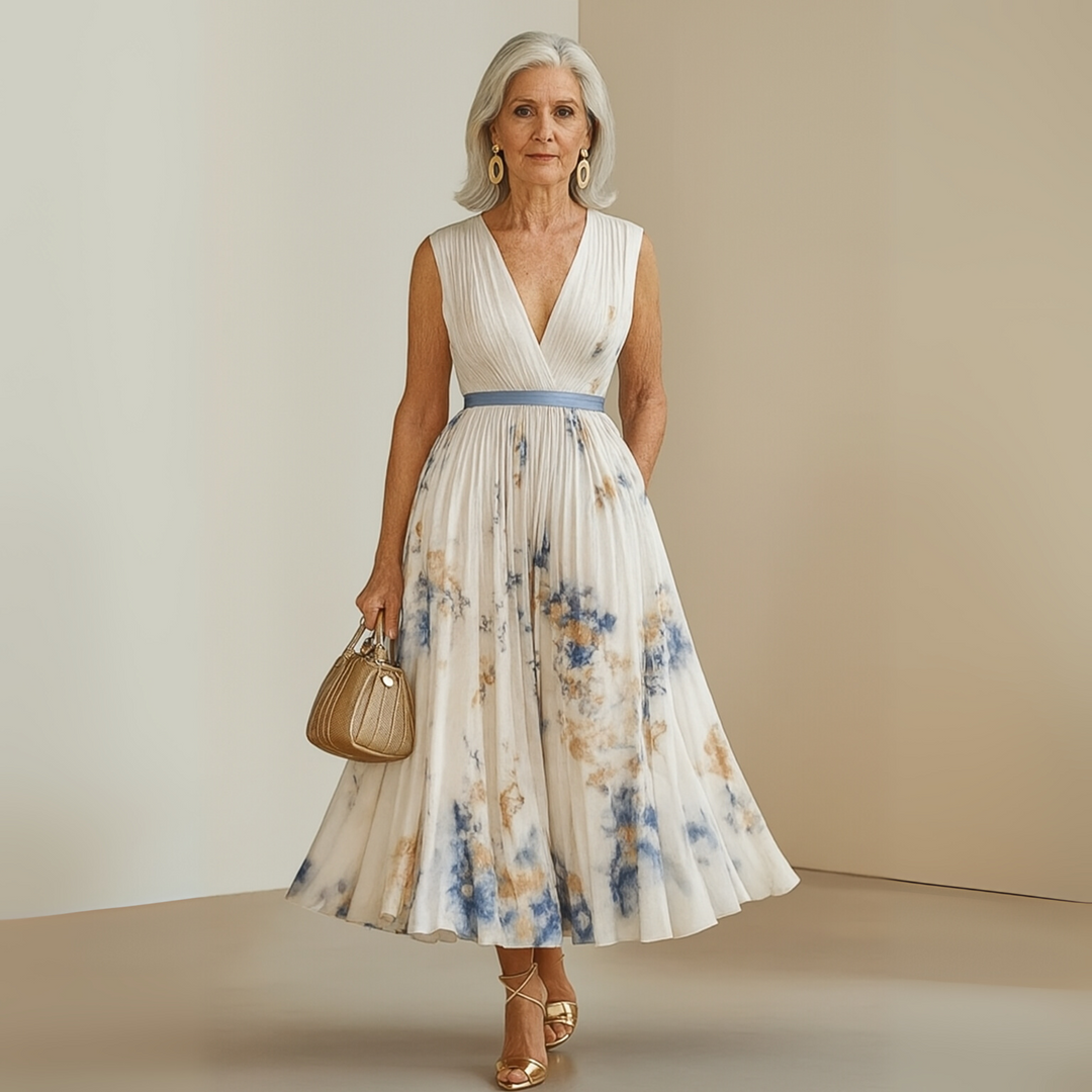 Bellamira | Floral Pleated Empire Waist Dress V-Neck