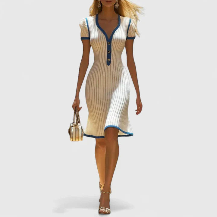 Cordella | White Ribbed Knit Midi Dress V-Neck