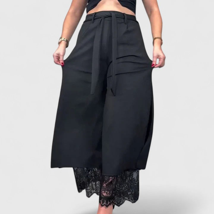 Shanti | Black Wide Leg Pants with Lace Hem