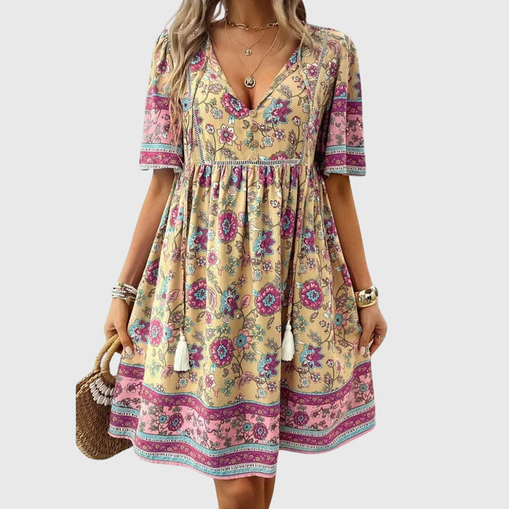 Seren | Floral Boho Babydoll Dress with Tassels