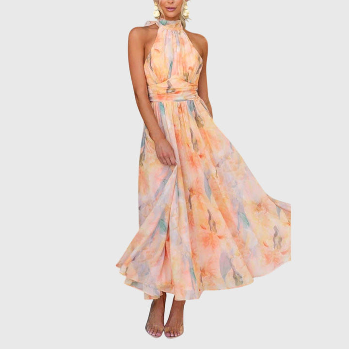 Bellisande | Peach Floral Halter Neck Maxi Dress