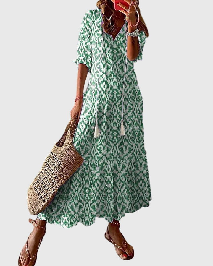 Solveig | Ikat Print Boho Maxi Dress with Tassels
