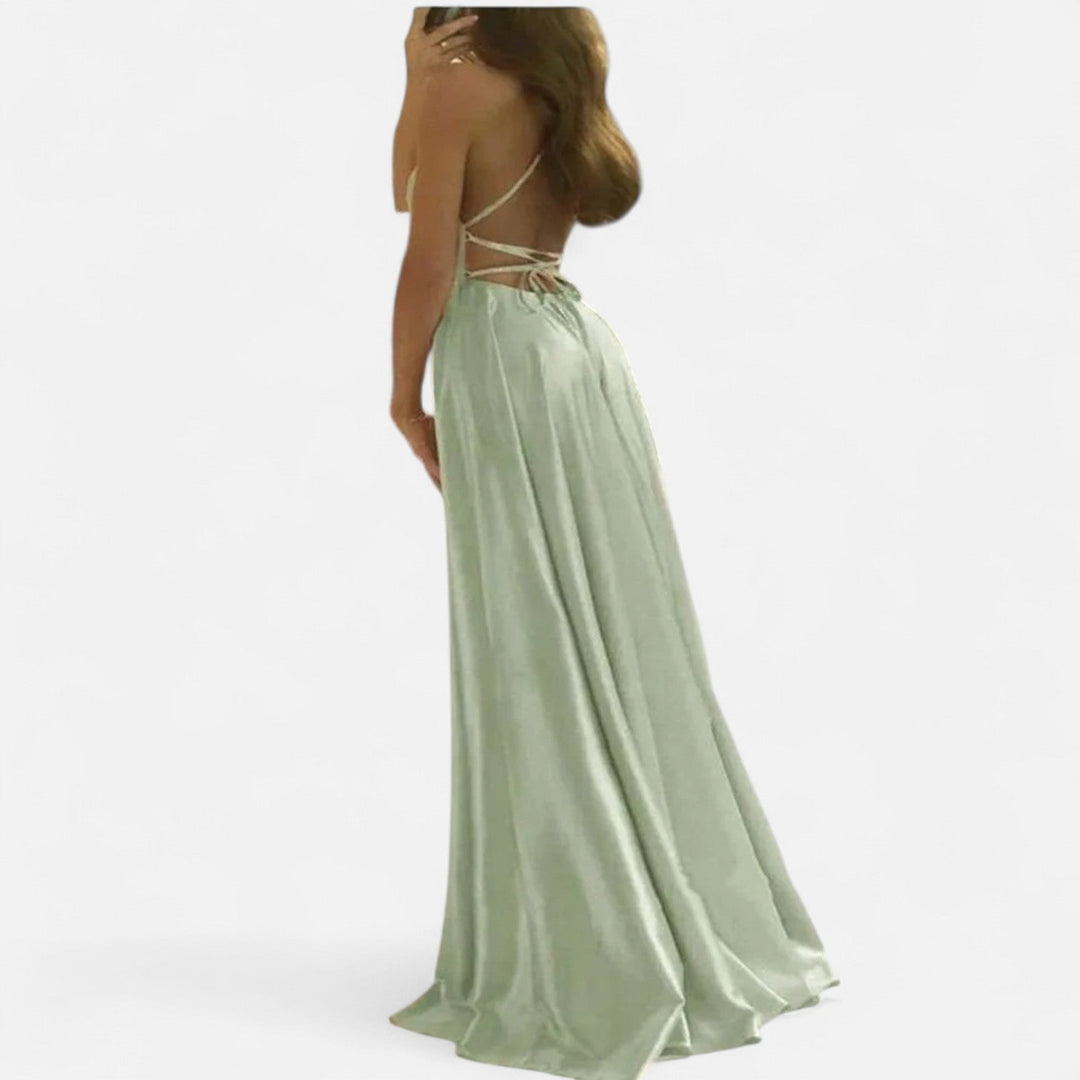 Elida | Satin Slit Maxi Dress with Spaghetti Straps