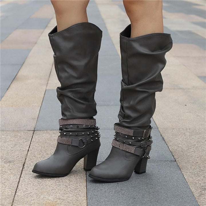 Pippa | Slouch Boots with Studded Strap Heel